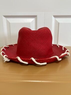 FIESTA Arizona Red Straw Western Cowboy Hat White Rope Stitch Detail Medium